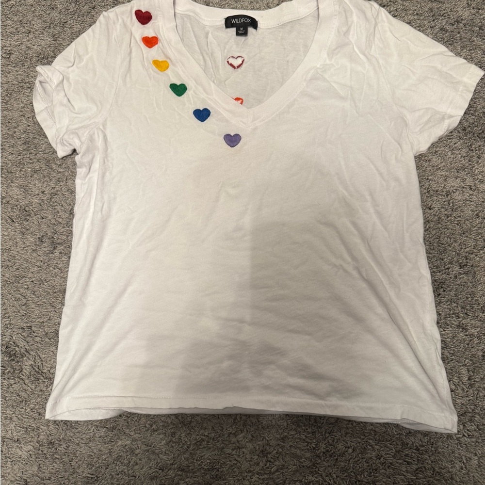 Wildfox White Tee with Rainbow Heart Details